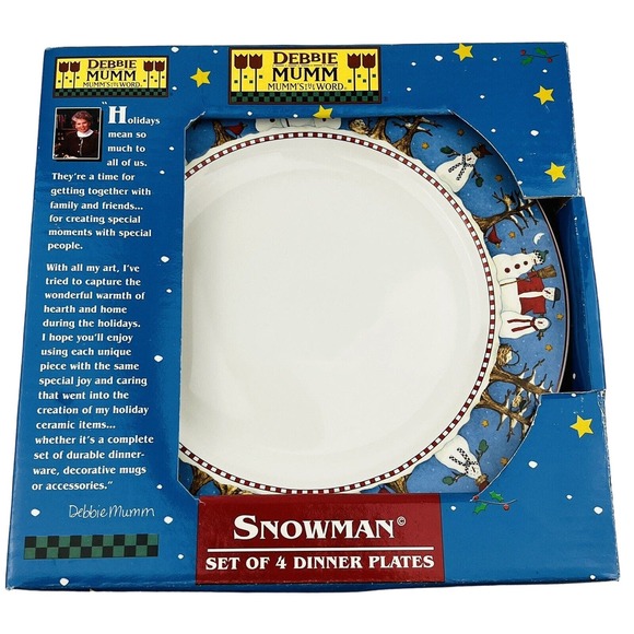 Debbie Mumm Snowman Dinner Plates Set of 4 Holiday Winter Christmas Folk Art 11" - Picture 1 of 4